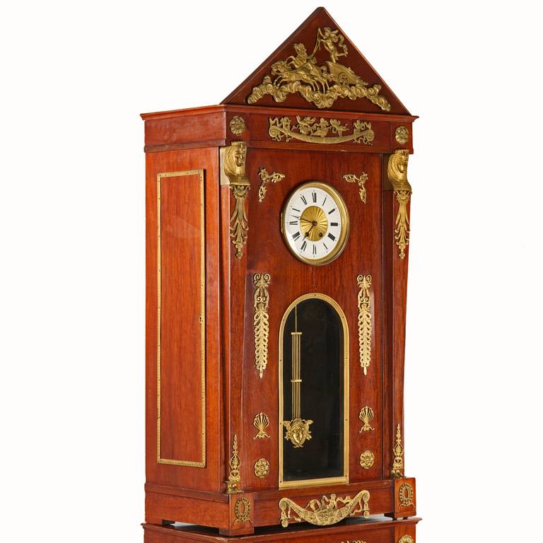 French Egyptian Revival Ormolu Mounted Mahogany Longcase Clock, Paris, circa 1910