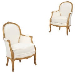 Pair of French Louis XV Style Antique Painted Bergeres Arm Chairs