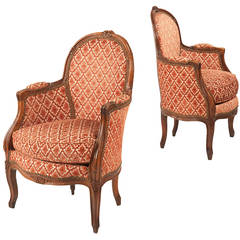 Pair of French Louis XV Style Fruitwood Bergere Antique Arm Chairs c. 1890-1910