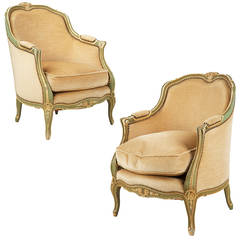 Vintage Pair of French Louis XV Style Painted Bergere Arm Chairs, 20th Century