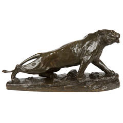 French Bronze Sculpture of a Lioness by Mottheau Foundry, Signed G. Poitvin