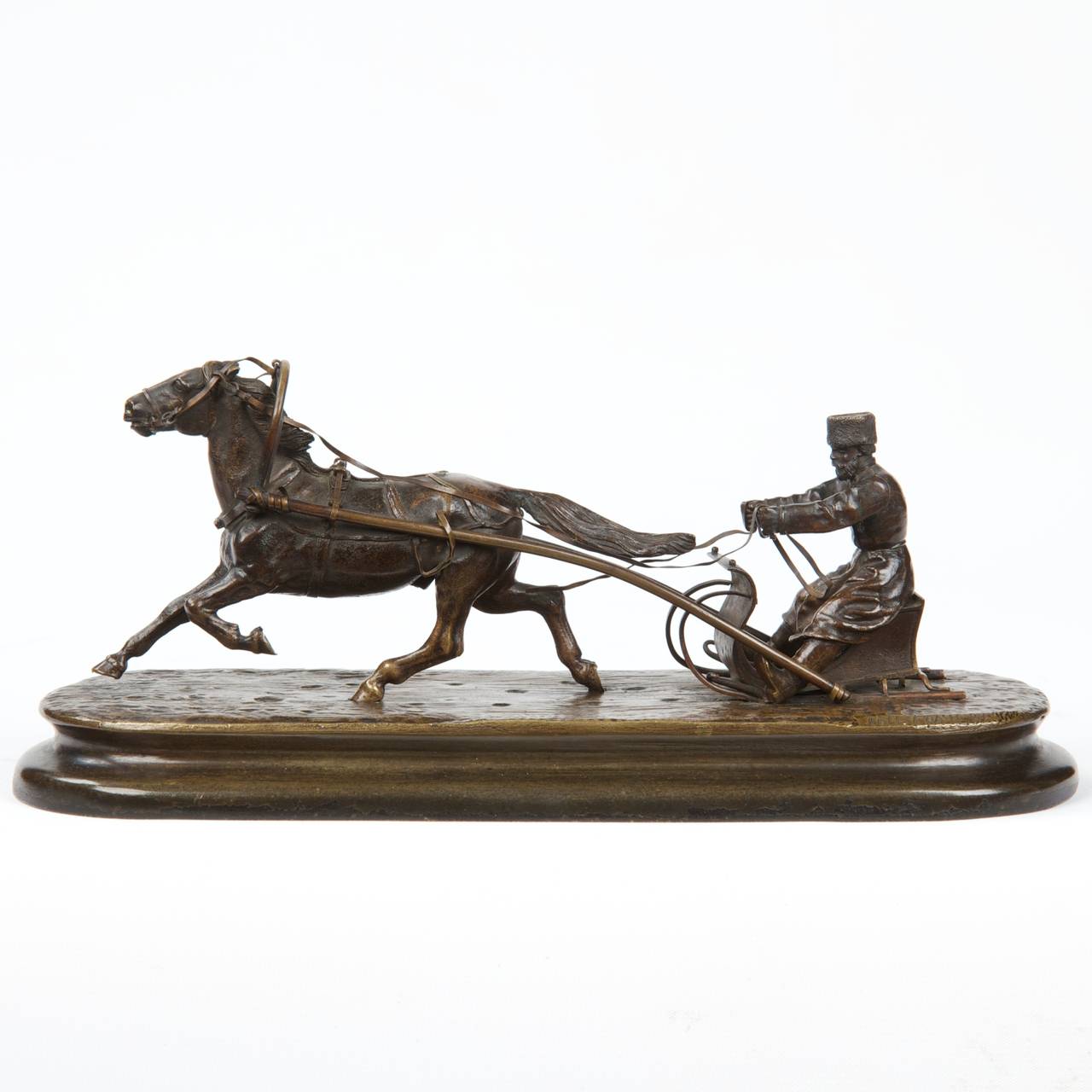 AFTER A MODEL BY VASILI YAKOVLEVICH GRACHEV (RUSSIAN, 1831-1905), COSSACK ON HORSE DRAWN SLEIGH
Signed in Cyrillic, foundry mark 