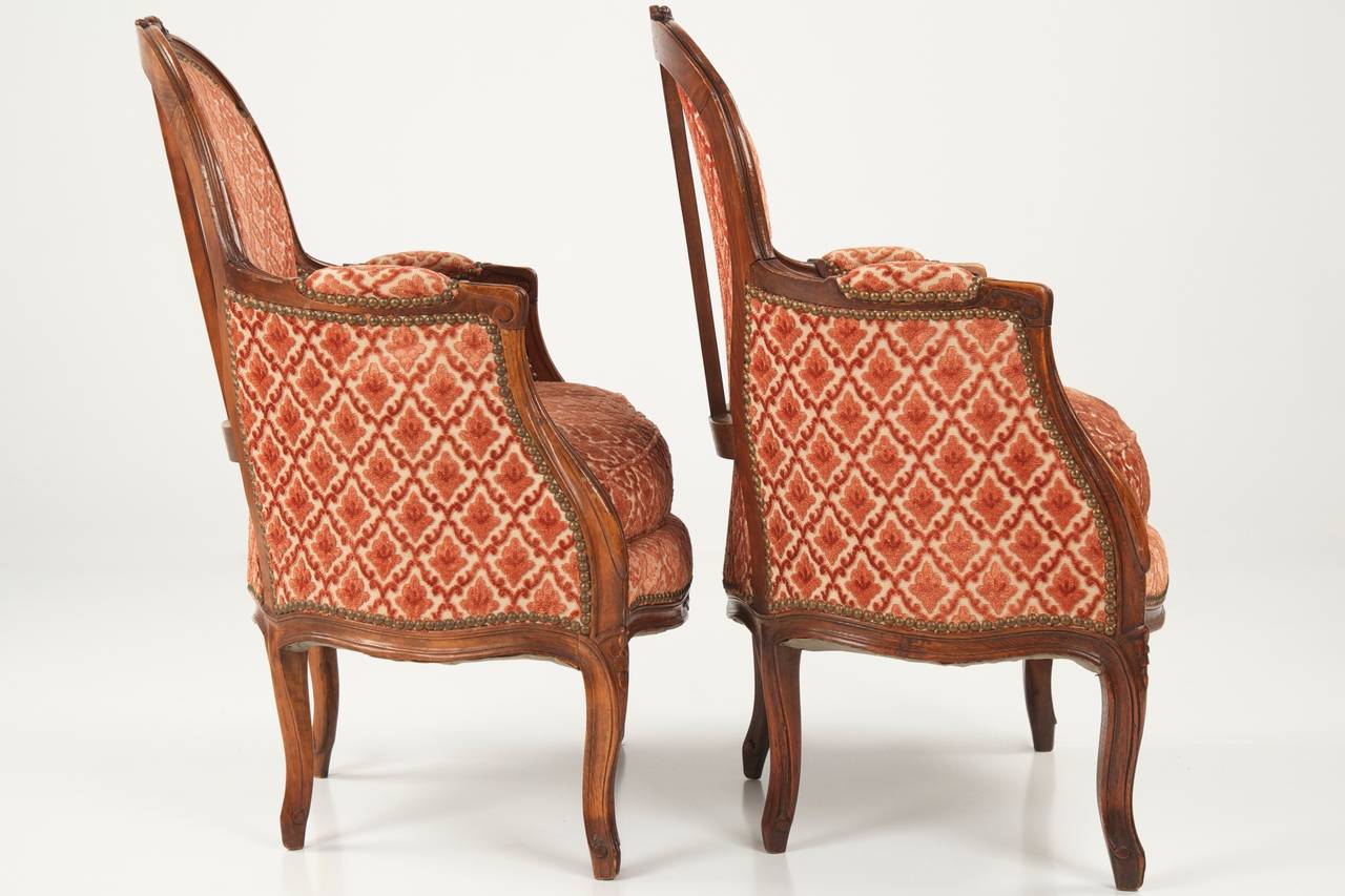 Pair of French Louis XV Style Fruitwood Bergere Antique Arm Chairs c. 1890-1910 In Excellent Condition In Shippensburg, PA