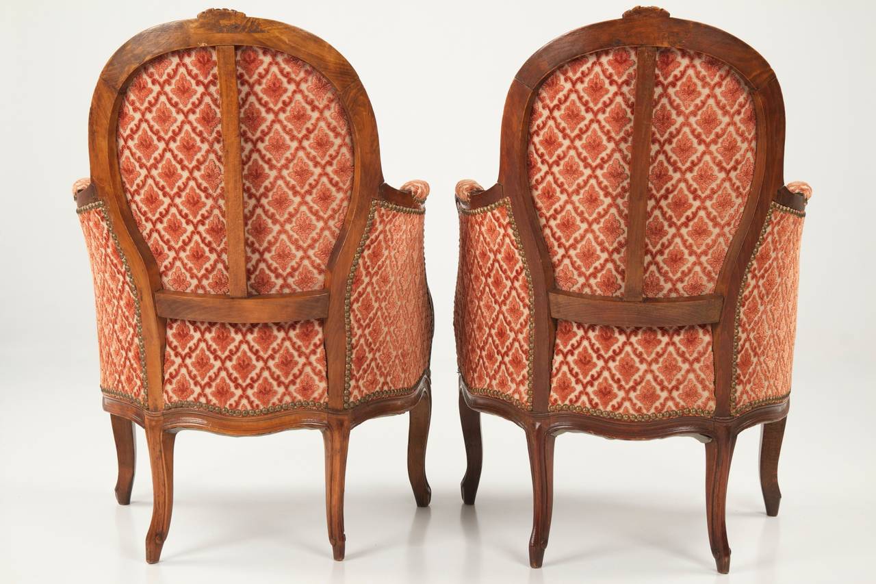 19th Century Pair of French Louis XV Style Fruitwood Bergere Antique Arm Chairs c. 1890-1910