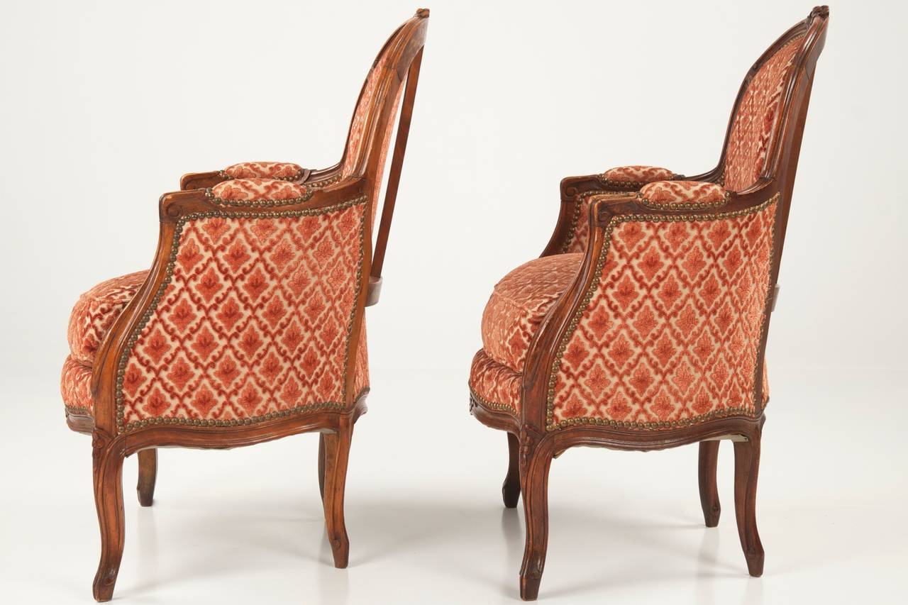 Pair of French Louis XV Style Fruitwood Bergere Antique Arm Chairs c. 1890-1910 1