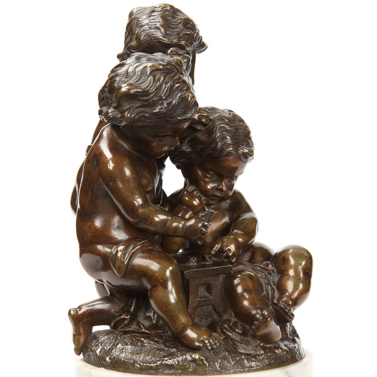 19th Century Paul Emile Machault Antique French Bronze Sculpture of Three Putti Playing Dice