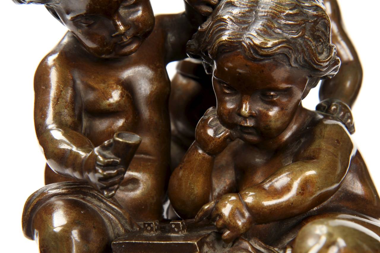 Paul Emile Machault Antique French Bronze Sculpture of Three Putti Playing Dice 3