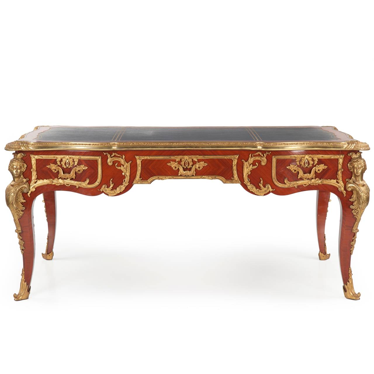 FRENCH LOUIS XV STYLE ORMOLU MOUNTED KINGWOOD BUREAU PLAT
20th Century, Crafted in Spain

This is an unusually well crafted bureau plat, the weight of it being considerable in it's solid core construction.  Stamped on the underside 