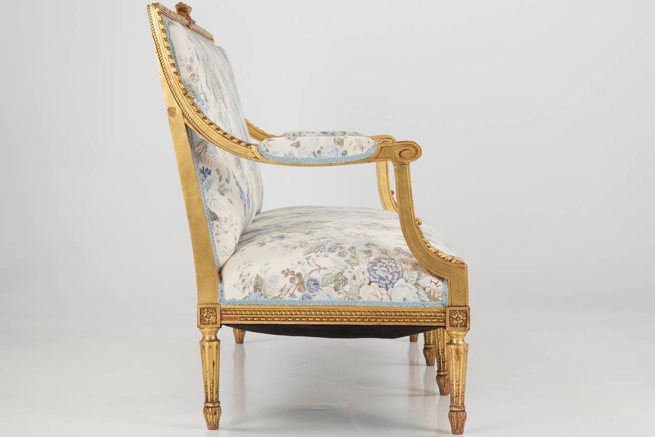 FRENCH LOUIS XVI STYLE GILTWOOD ANTIQUE SETTEE
France c. 1900

The carved surfaces of this exquisite Louis XVI style settee are remarkable, embellished with an attractive mix of details carved of solid wood offset by gesso decorations under a