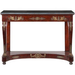 French Empire Ormolu Mahogany Marble Top Antique Pier Table, 19th Century