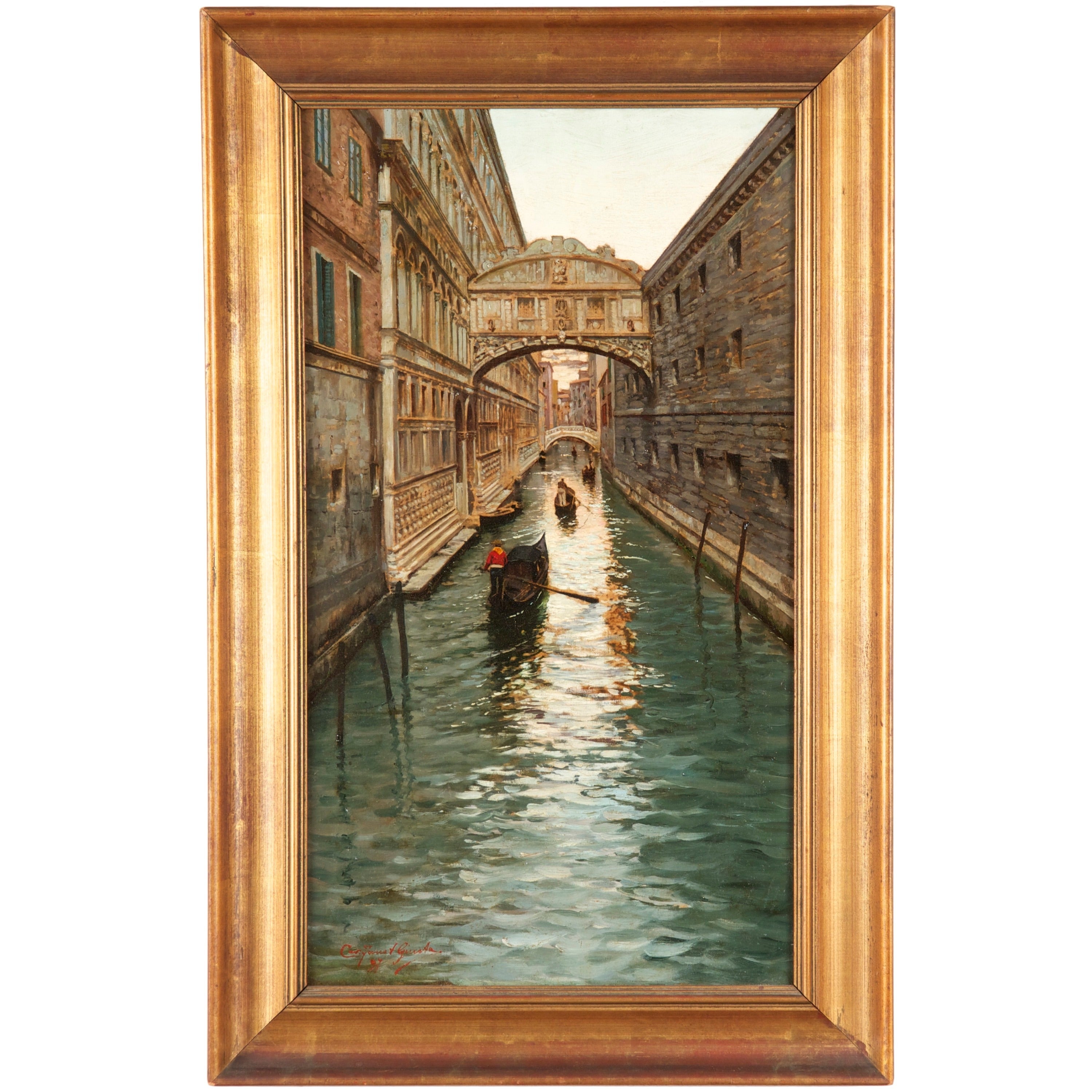 Fausto Giusto (Italian, 1867-1941) Venetian Canal Antique Painting c. 1897