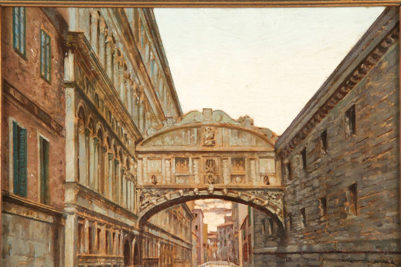 FAUSTO GIUSTO (Italian, 1867-1941) ANTIQUE PAINTING OF A VENETIAN CANAL SCENE
Signed lower left, dated '97 

This fine and perfectly conserved work by Faust Giusto is in exceptional condition, the surface being vibrant and dancing colors full of