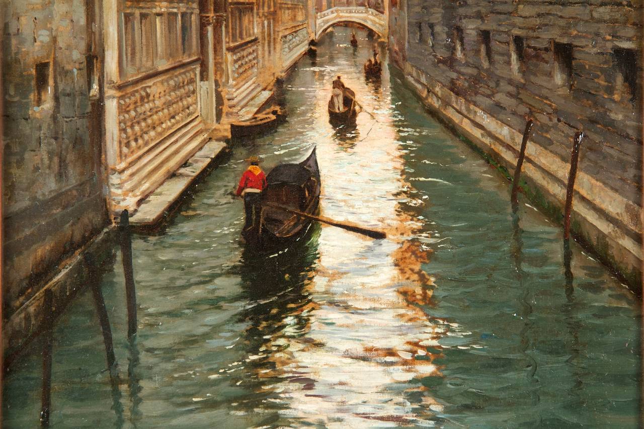 Barbizon School Fausto Giusto (Italian, 1867-1941) Venetian Canal Antique Painting c. 1897
