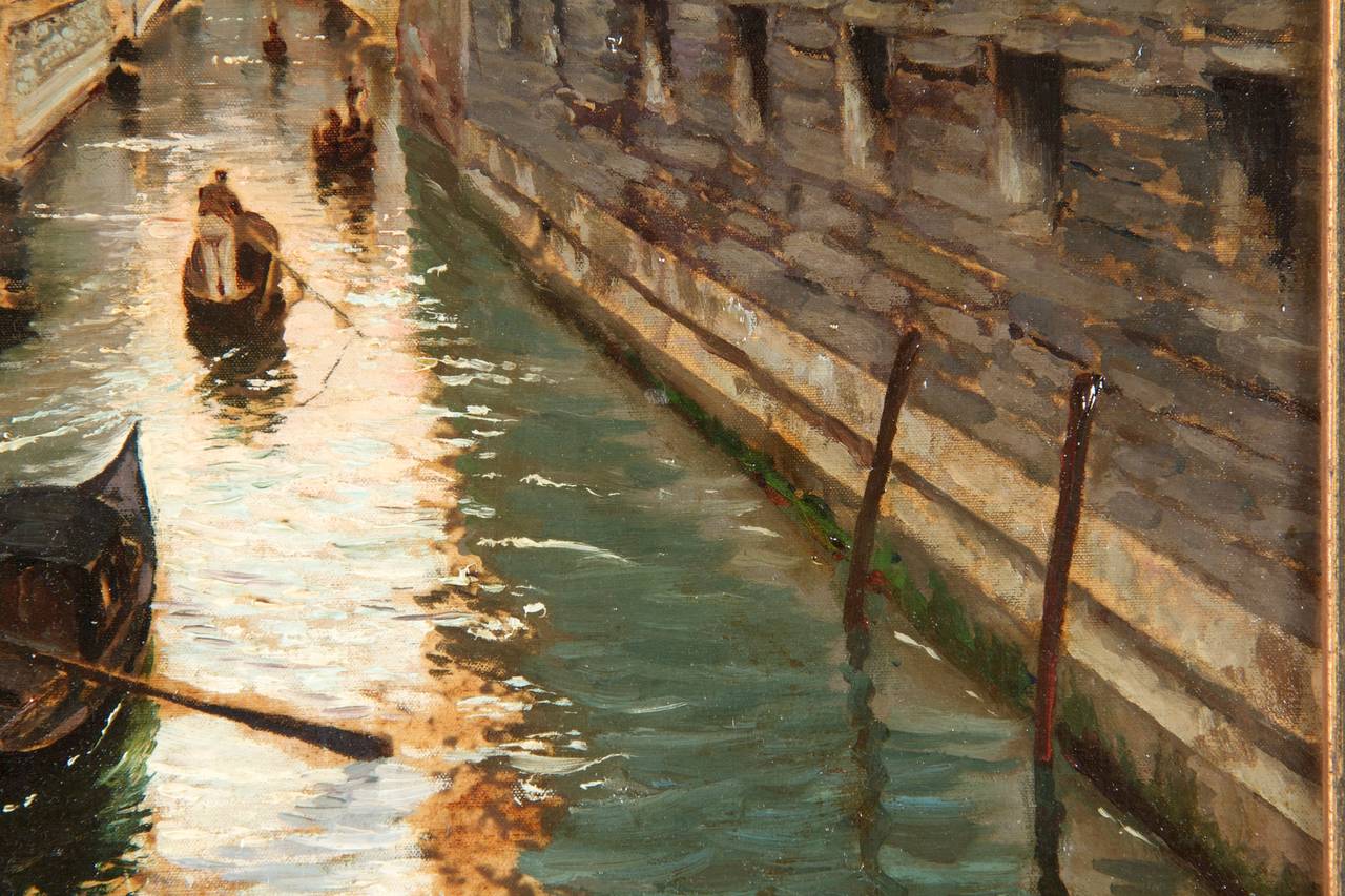 Canvas Fausto Giusto (Italian, 1867-1941) Venetian Canal Antique Painting c. 1897