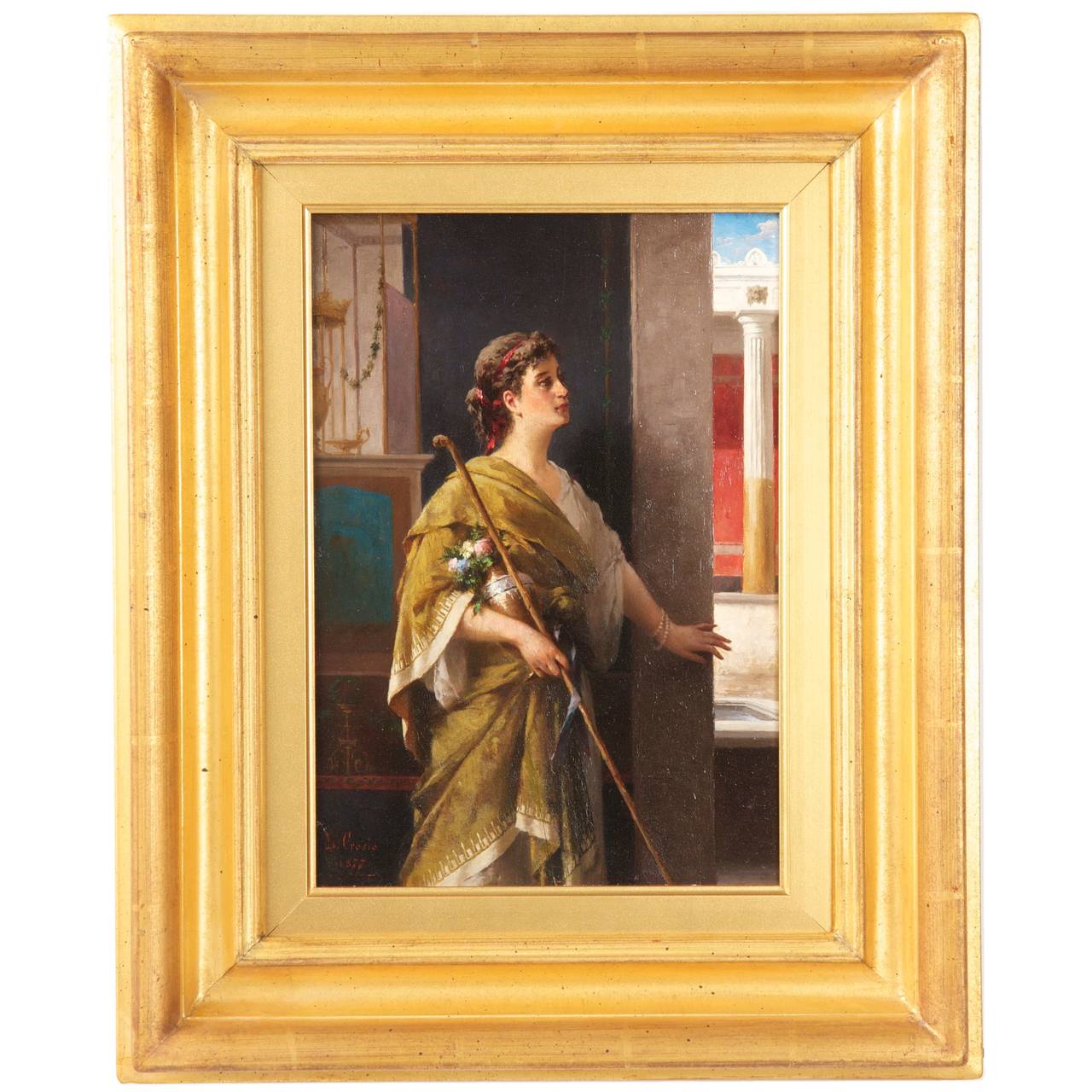This is a very striking interior scene by Italian artist Luigi Crosio, capturing a Roman woman as she stares out an open doorway at the Pompeiian architecture of the courtyard. She is exquisitely dressed with flowing robes of green and cream over a