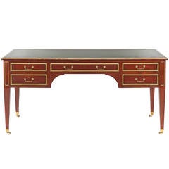 French Brass and Mahogany Antique Bureau Plat Desk, Early 20th Century