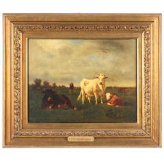 Emil van Marcke French Antique Painting of Cows, "In Green Pasture"