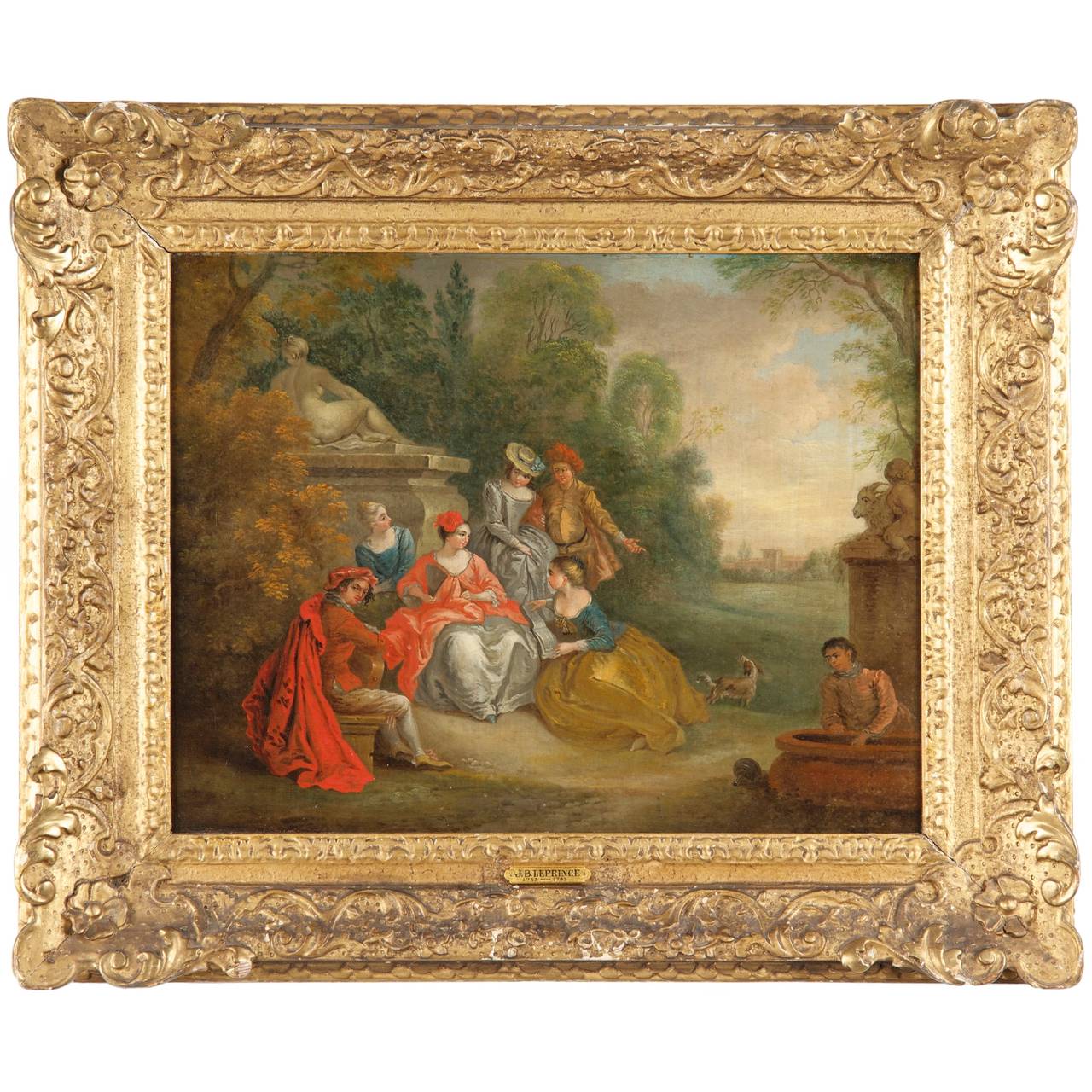 This gorgeous pair of French School antique courting scene paintings capture the very essence of the Rococo period, not only in the context of dress and scenery but also in terms of it's excessive spirit. Ladies and gentlemen lounge in a plush
