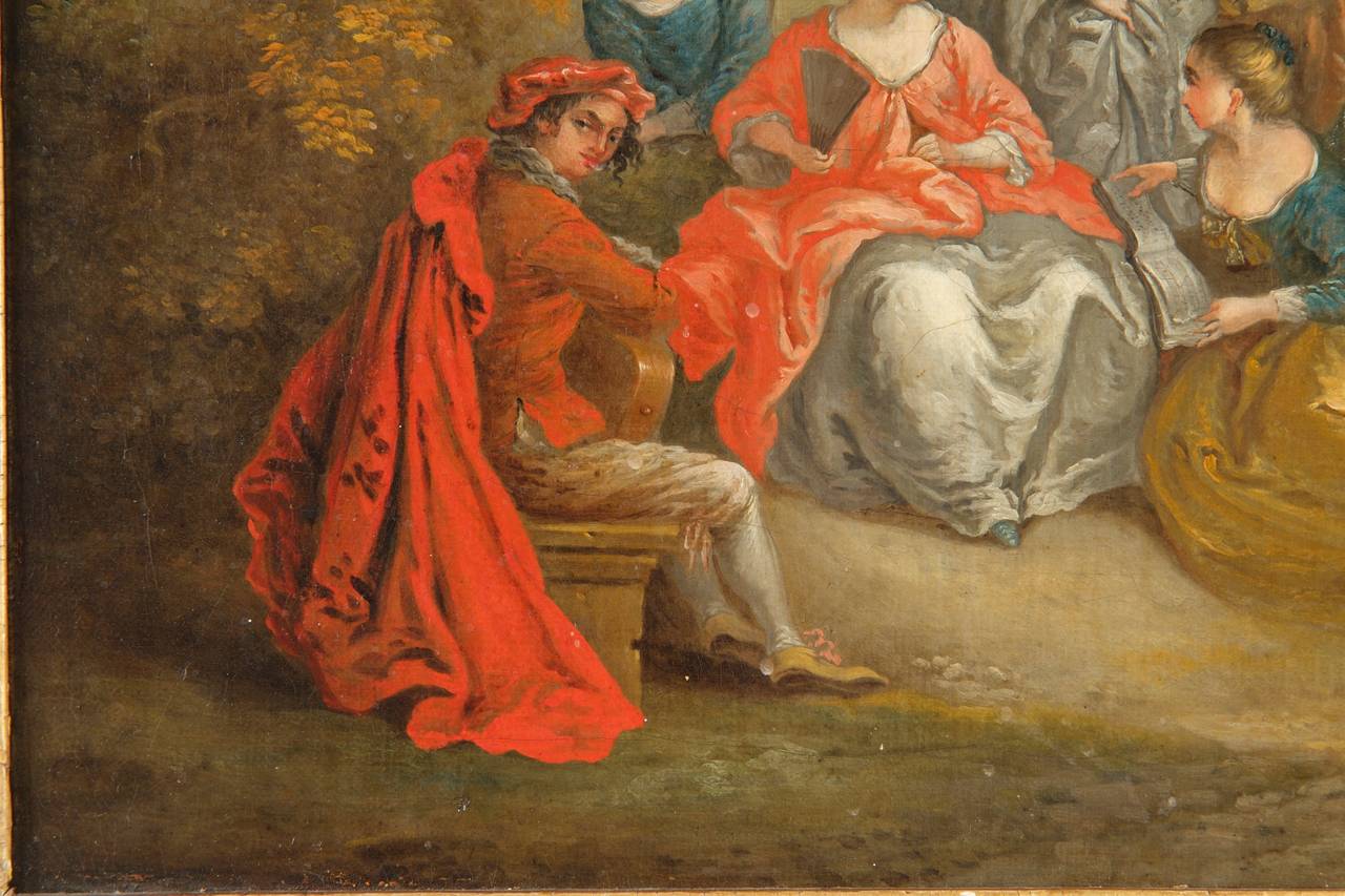 Brushed Pair of French School 18th Century Antique Courting Scene Paintings