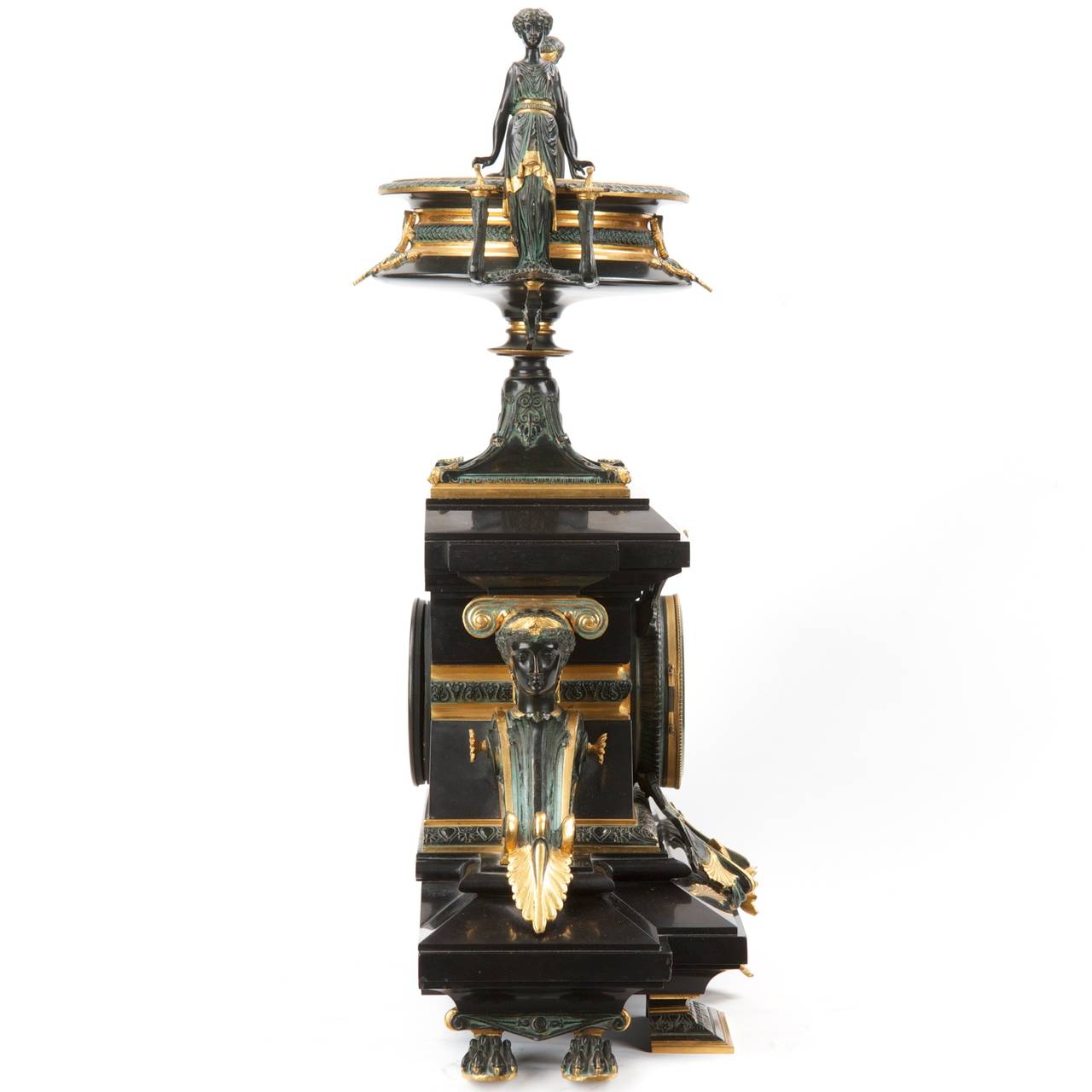 Egyptian Revival Antique Bronze Clock Garniture by Tiffany & Co c. 1880 In Excellent Condition In Shippensburg, PA