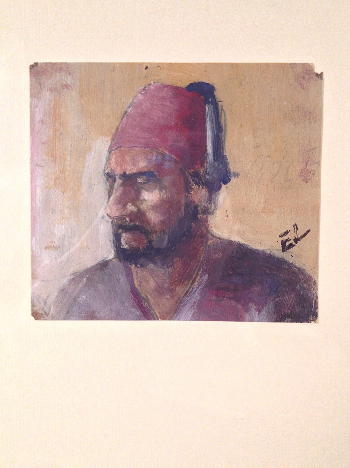 Oil on paper, small portrait of a man wearing his Fez. 
Found in Paris. Custom framed in pale unfinished wood, 
circa 1940.

Measurements: 
Framed 9