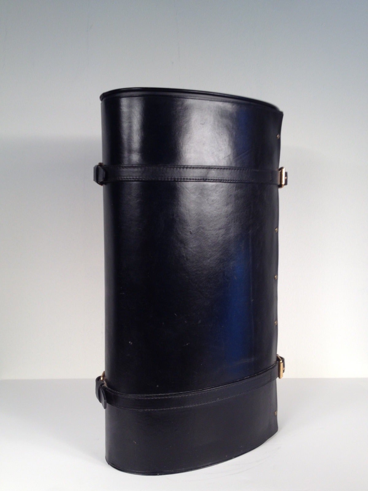 Mid-Century Modern French Modernist Black Leather Oval Umbrella Stand, Jacques Adnet Attributed