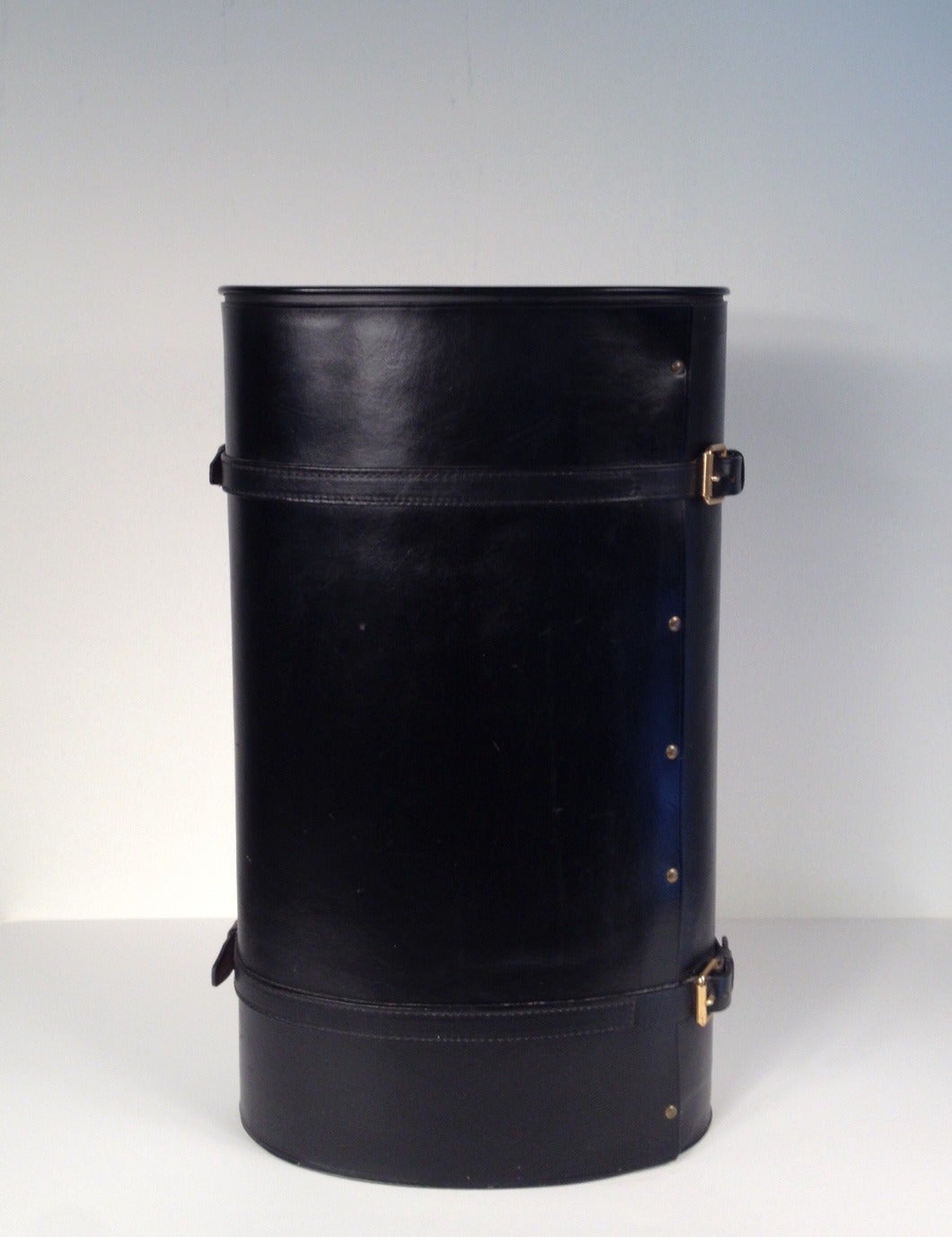 French Modernist Black Leather Oval Umbrella Stand, Jacques Adnet Attributed 1