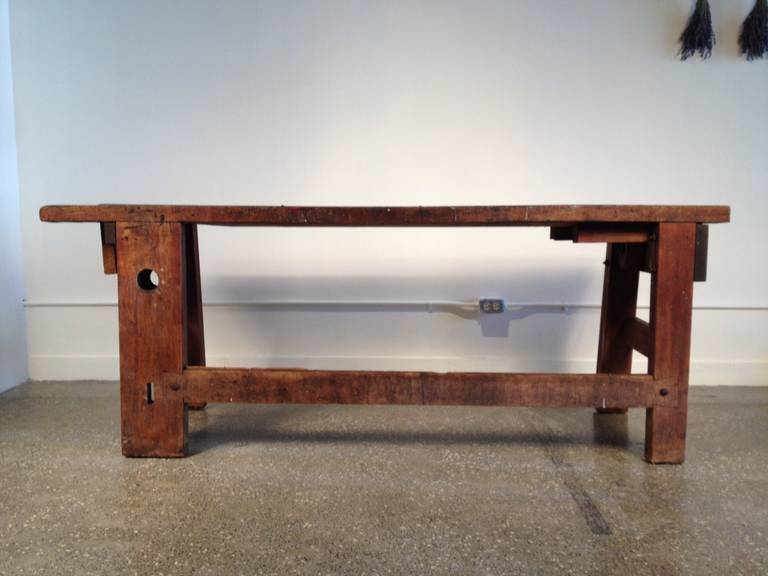 19th century American work bench. Mortise and tenon pegged construction. Top is 2