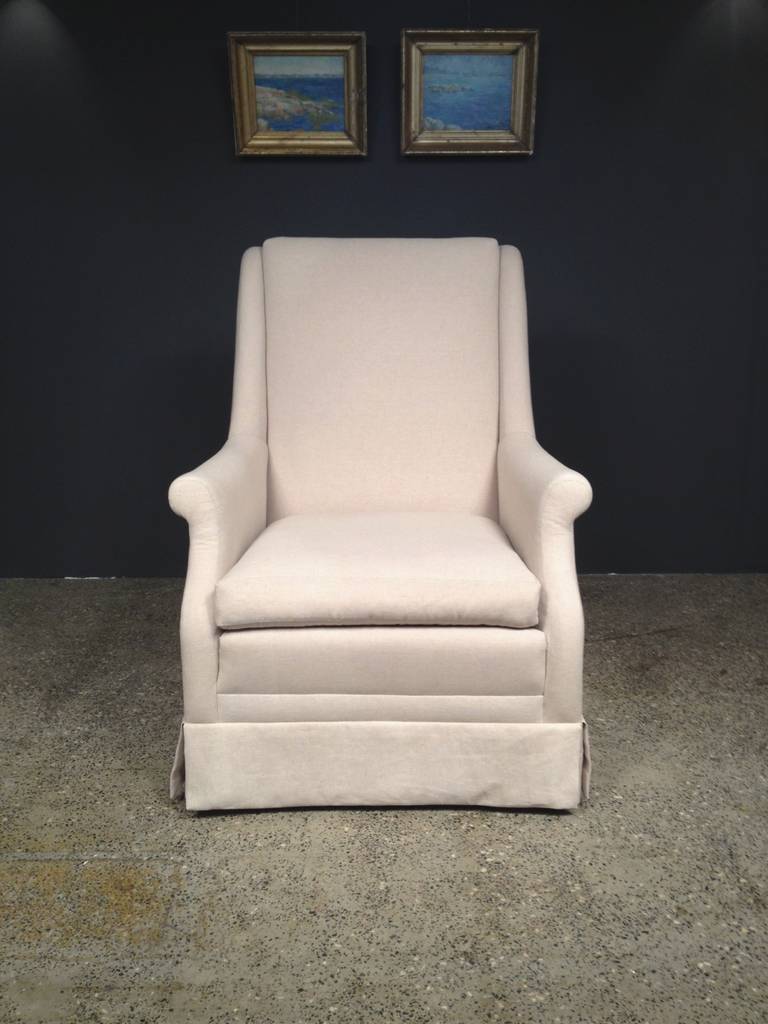 Minimalist Club Chair Upholstered In Linen For Sale