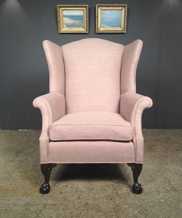 Fabric Antique Chippendale Wing Chair with Claw and Ball Feet For Sale