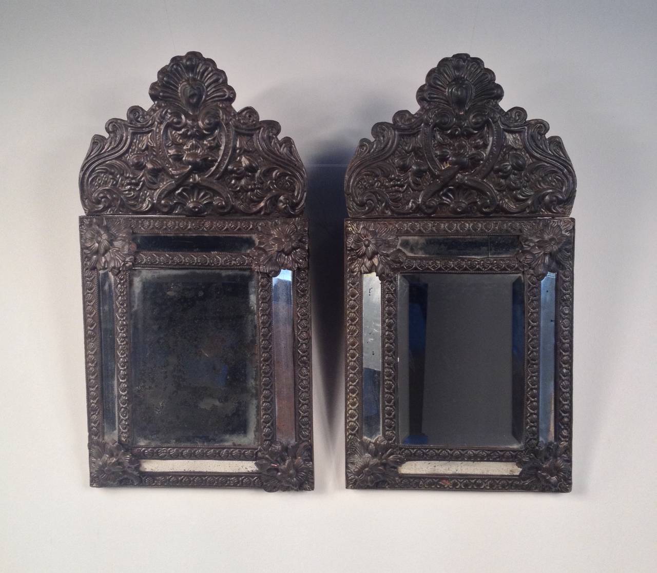 Belgian Pair of Flemish Repoussé Cushion Mirrors, Belgium, 19th Century