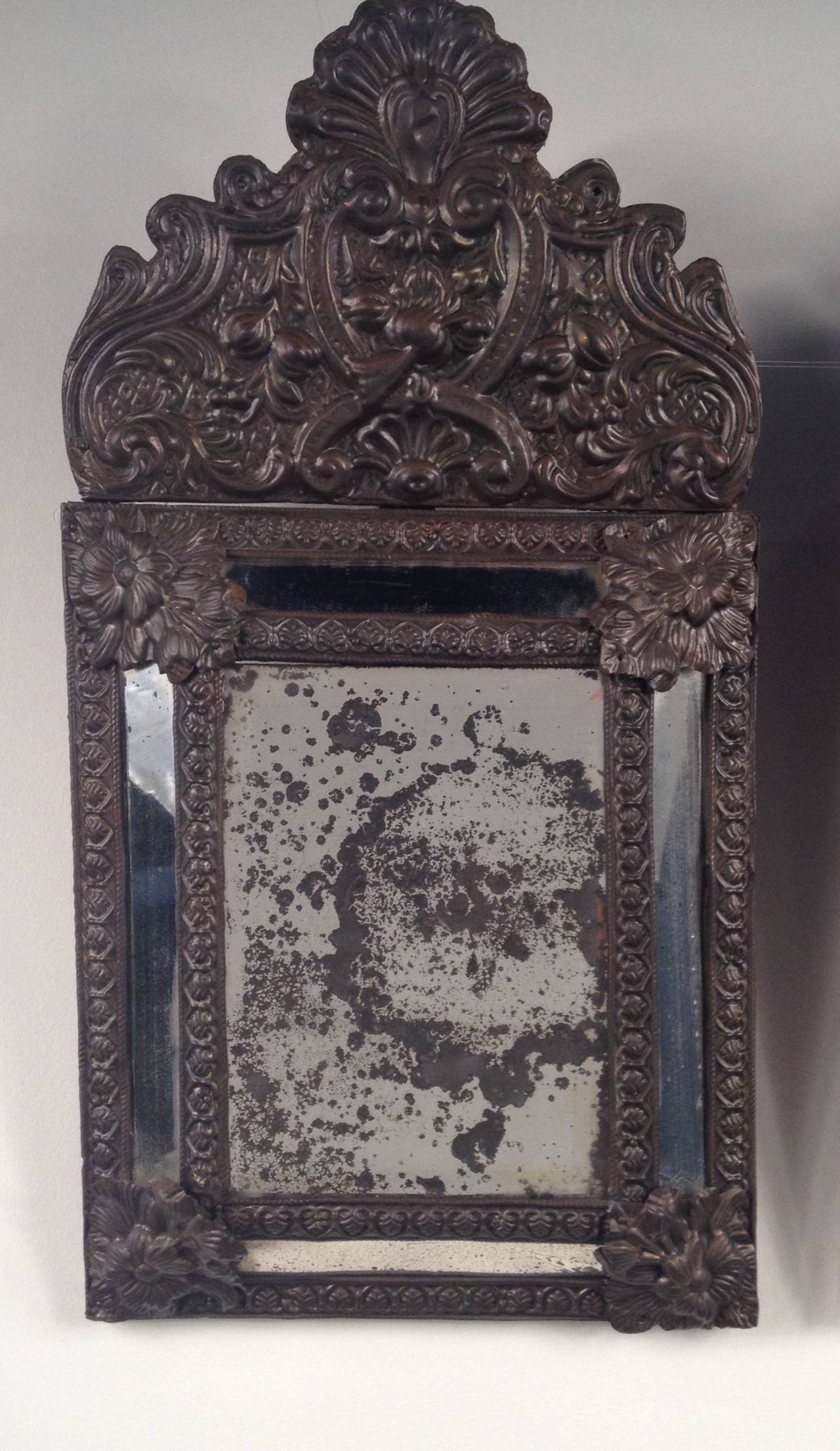 Repoussé Pair of Flemish Repoussé Cushion Mirrors, Belgium, 19th Century
