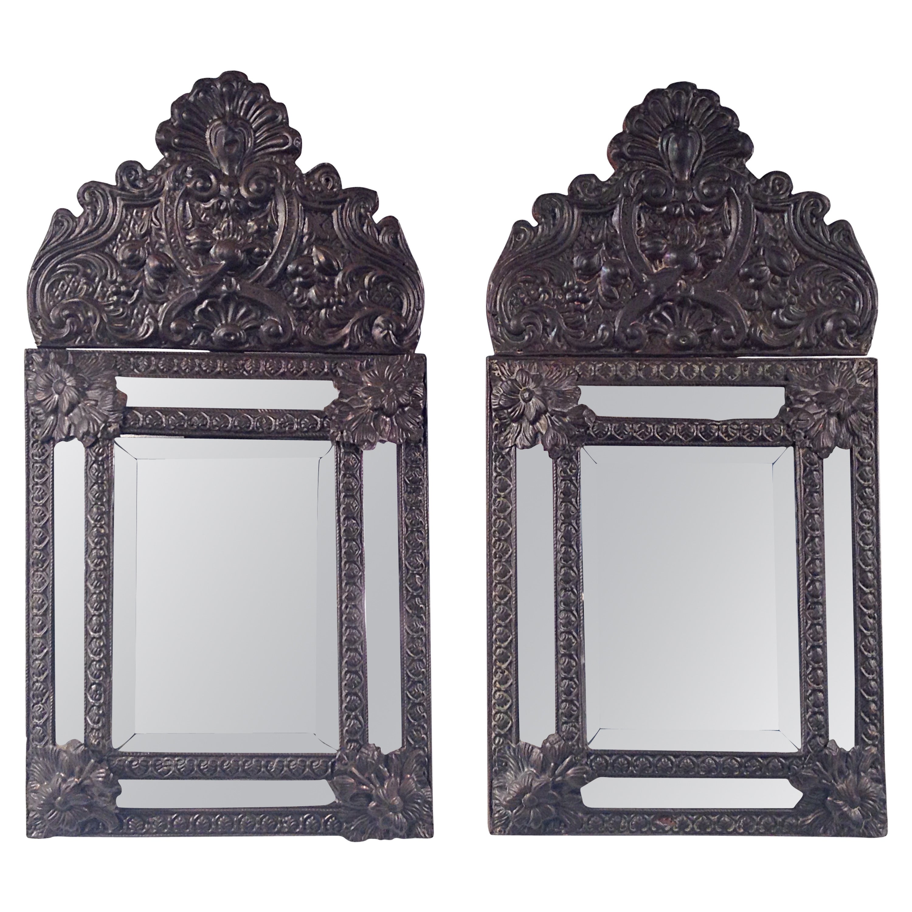 Pair of Flemish Repoussé Cushion Mirrors, Belgium, 19th Century