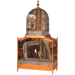 Antique Large 19th Century French Hand-Painted Carved and Wired Birdcage with Dome Top