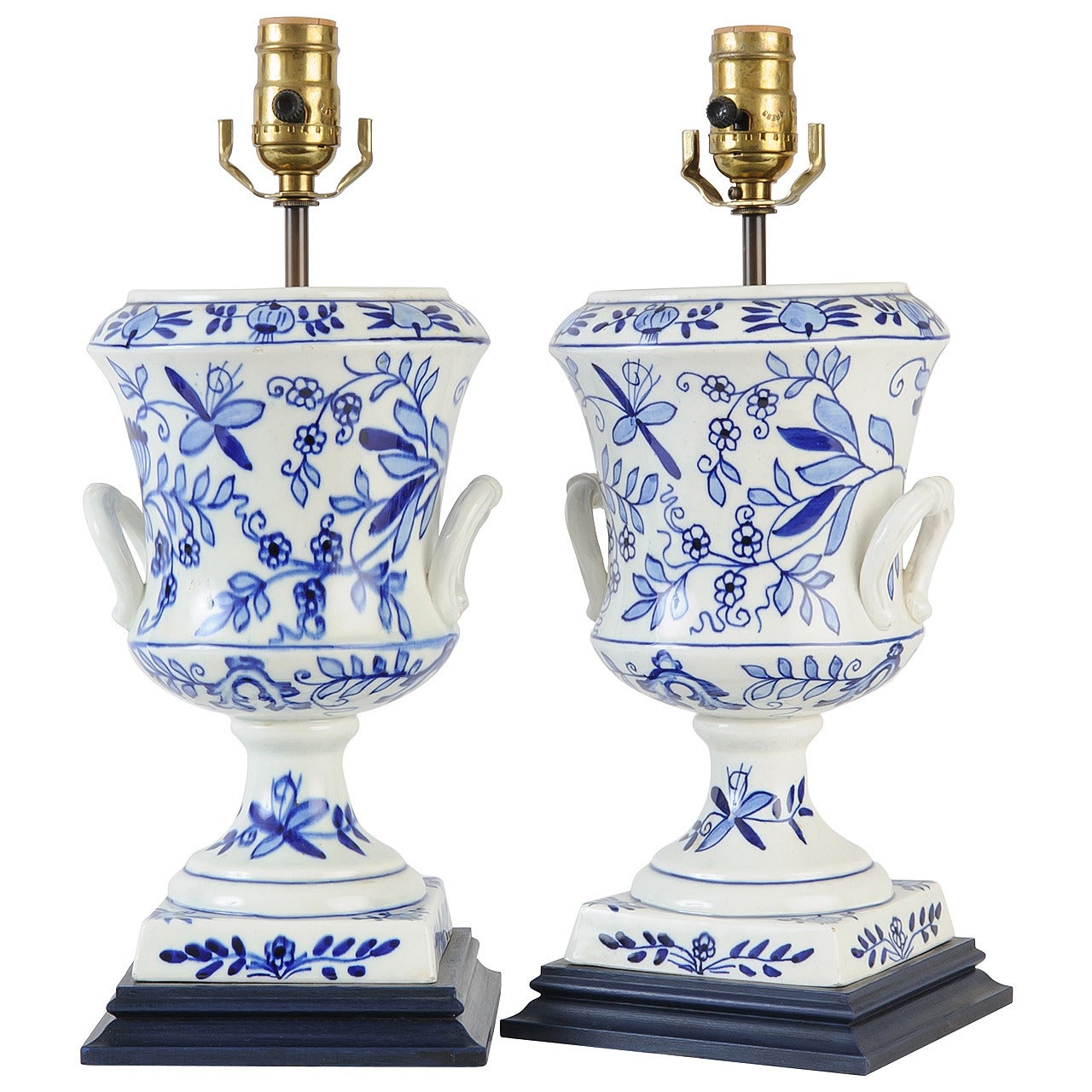Blue and White Transferware Urn Lamps For Sale