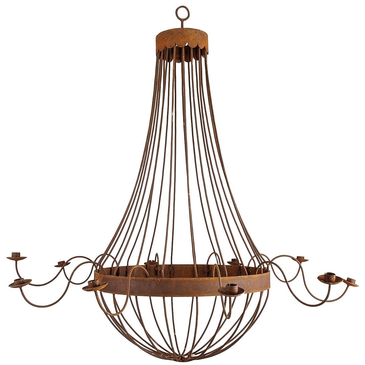 Grand French Bell Iron Chandelier with Ten Candles, Rusted Finish