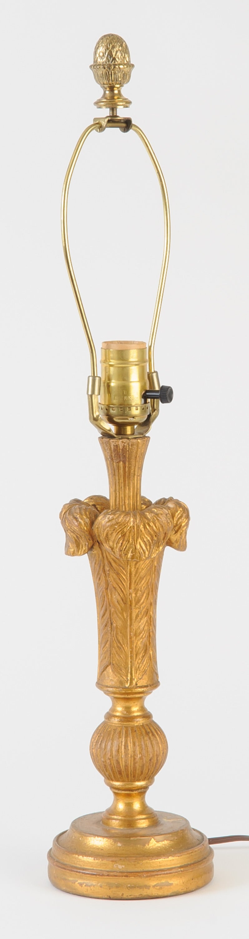 Borghese gilded wood candlestick lamp.  The shade is handprinted with leaf rope pattern.  The Borghese firm reproduced decorative objects until 1940.  The company was known for their electic selection of molded plaster figurines, wood and gilded