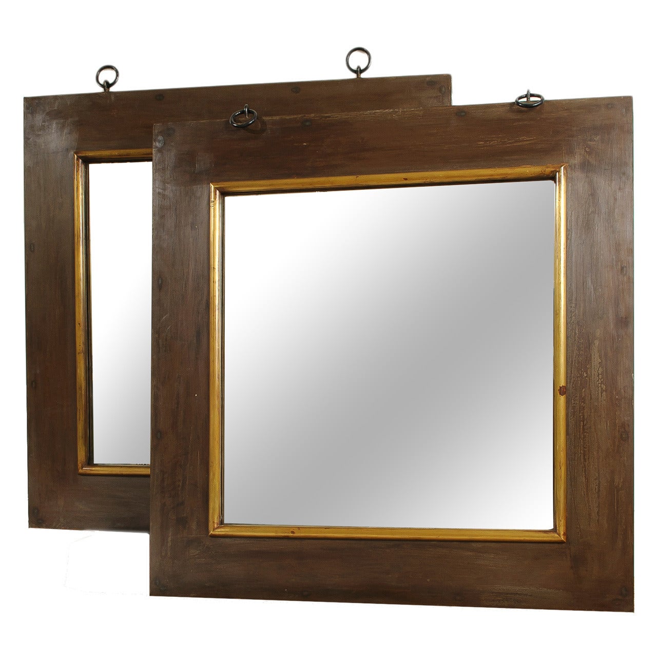 Pair of Grand Scale Wide Metal and Wood Framed Mirrors For Sale
