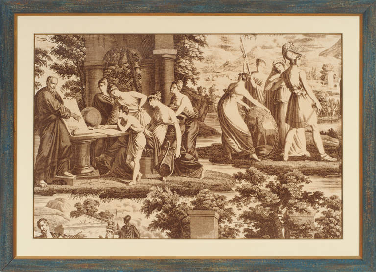 French Pair of Neoclassical Scenes on Paper with Custom Colored with Gild Detail Frame For Sale