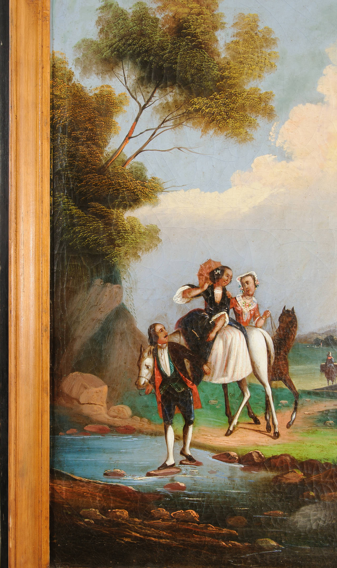 Miroir trumeau Louis XVI avec verre au mercure d'origine. La peinture de paysage est dans le style italianisant favorisé au 18ème siècle. Le feuillage crée un riche jeu de couleurs avec les nuages légers, le ciel bleu et la lumière changeante du