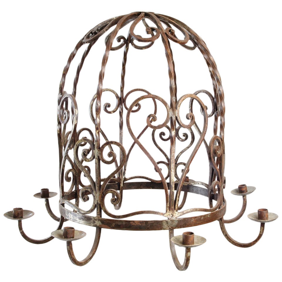 Large Iron Round Chandelier with Eight Candles, Hearts and Scroll Detail For Sale