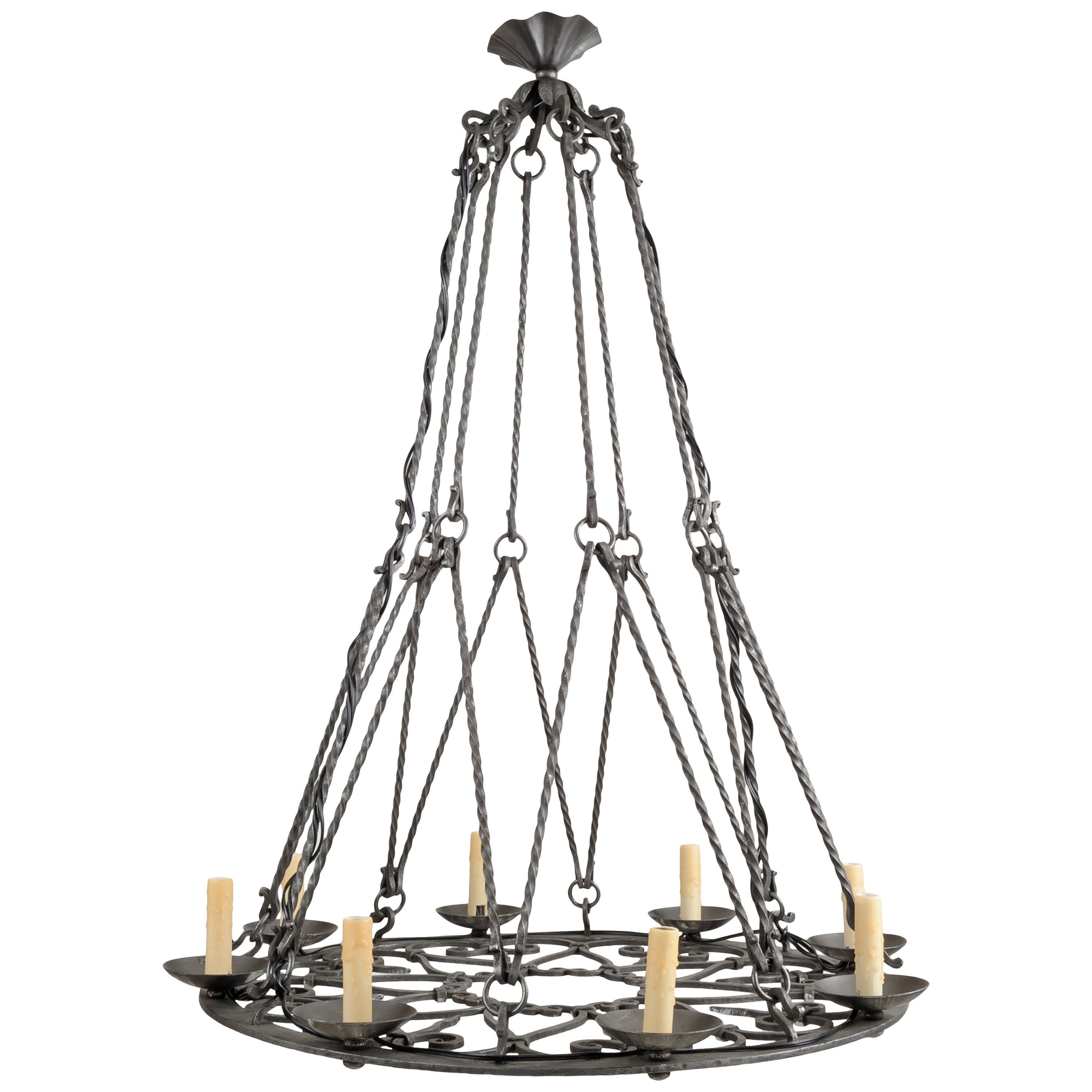 Large Round French Iron Chandelier with Eight Lights For Sale