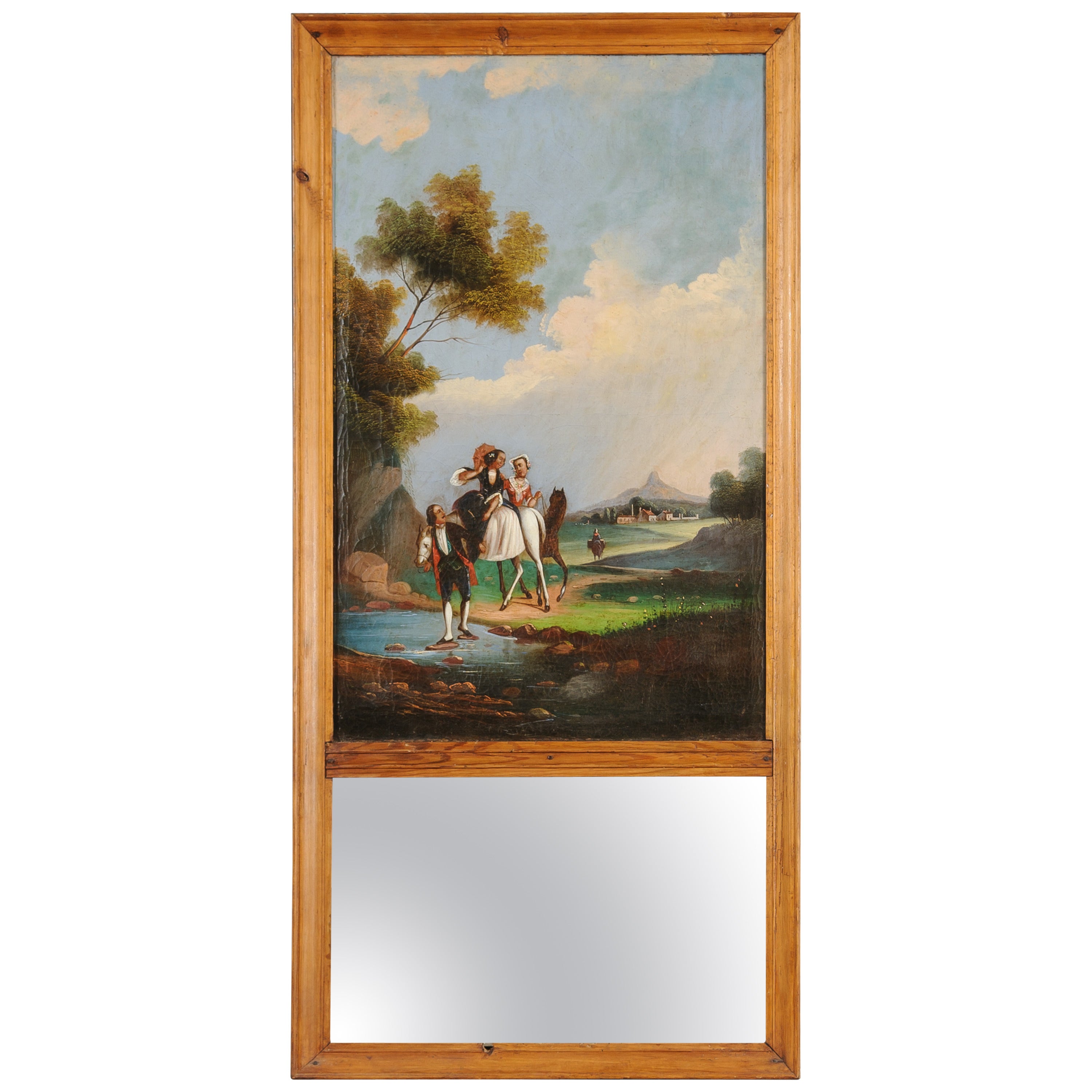 Miroir Trumeau du 18ème siècle avec peinture à l'huile italienne sur toile