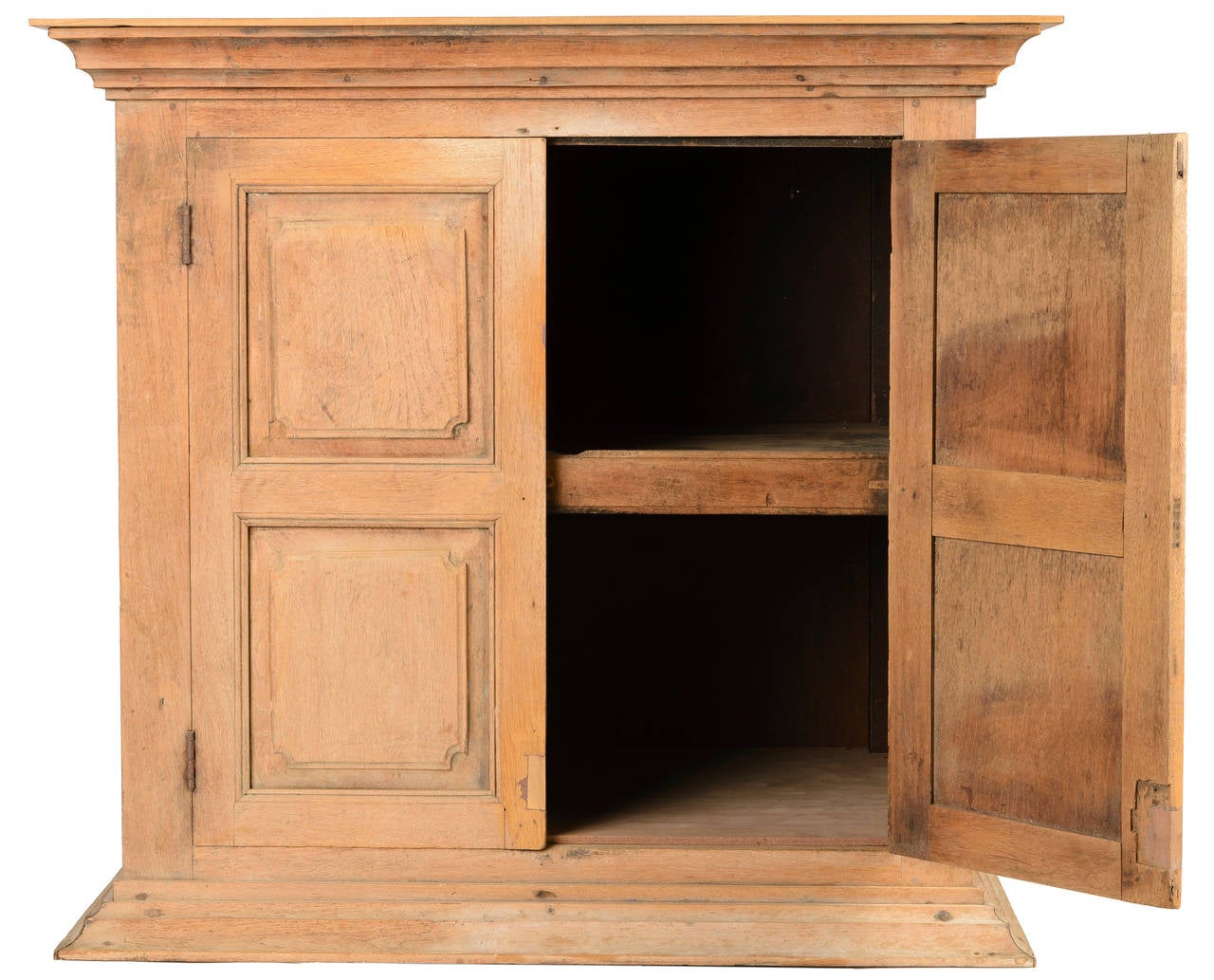 This is a hanging cabinet. The cabinet has wide moldings on top and base. The doors have raised panel with cut corner and bead detail. This piece offers great storage for a kitchen or pantry. A full top piece was added to have a solid shelf.
