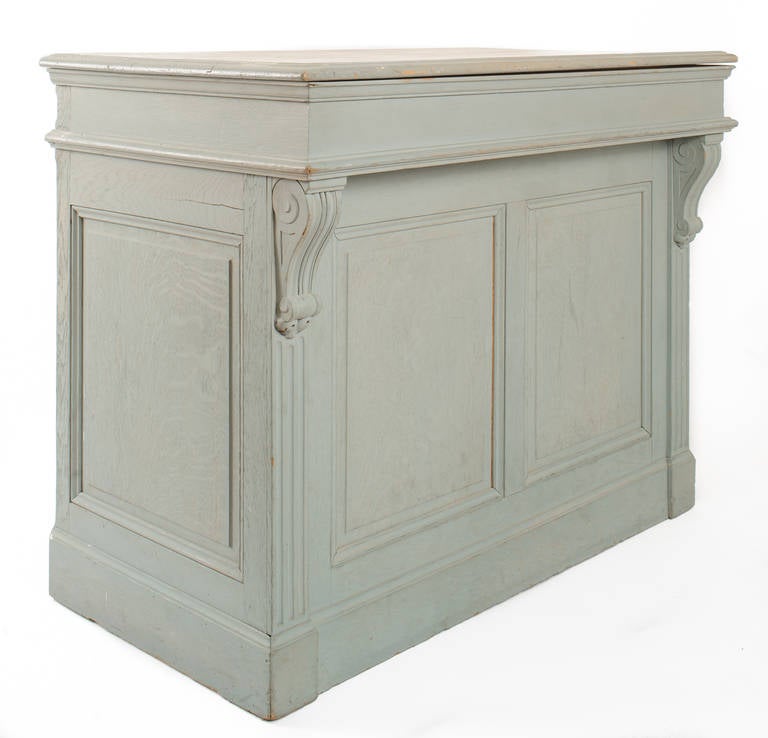 Painted shopkeepers cabinet. The cabinet has raised panels on front and sides. The front corners have a reeded pilaster with bracket at top and plinth block at base. The apron has a flat panel with double molding. The cabinet has seven drawers and