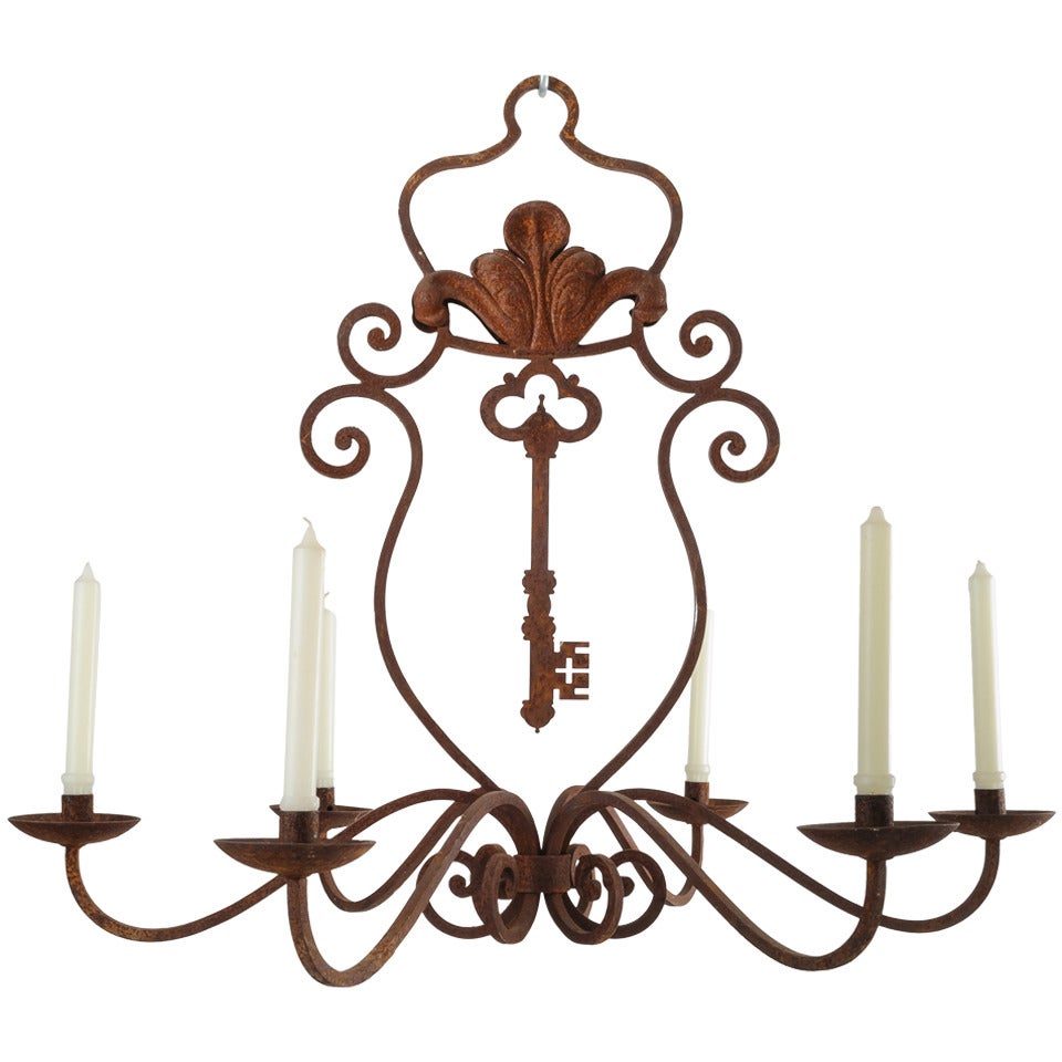 Rusted Iron French Chandelier with Key Motif For Sale