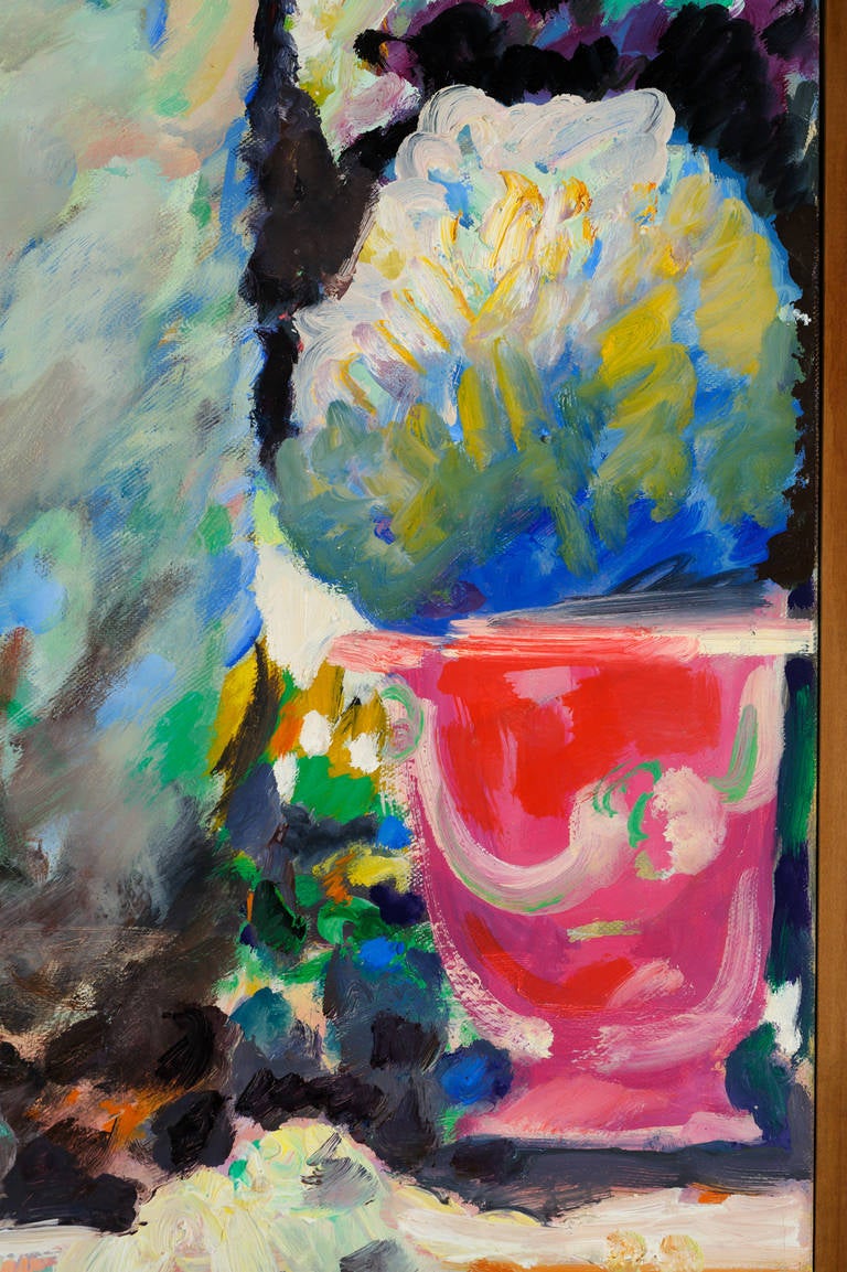 Peinture originale, huile sur toile, de l'artiste provençal Jef de Panthou, 1998.
M. de Panthou a développé son style et sa palette à partir de son environnement. Il réinvente sans cesse l'harmonie et les nuances de ses sujets : le marché d'Uzès,