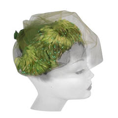 1950s Sage Green Hat With Velvet Ribbon, Flowers featuring Green Pearls