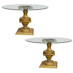 Pair Louis XVI Style Glass Top Carved Gilt Pedestal Center Tables / End Tables