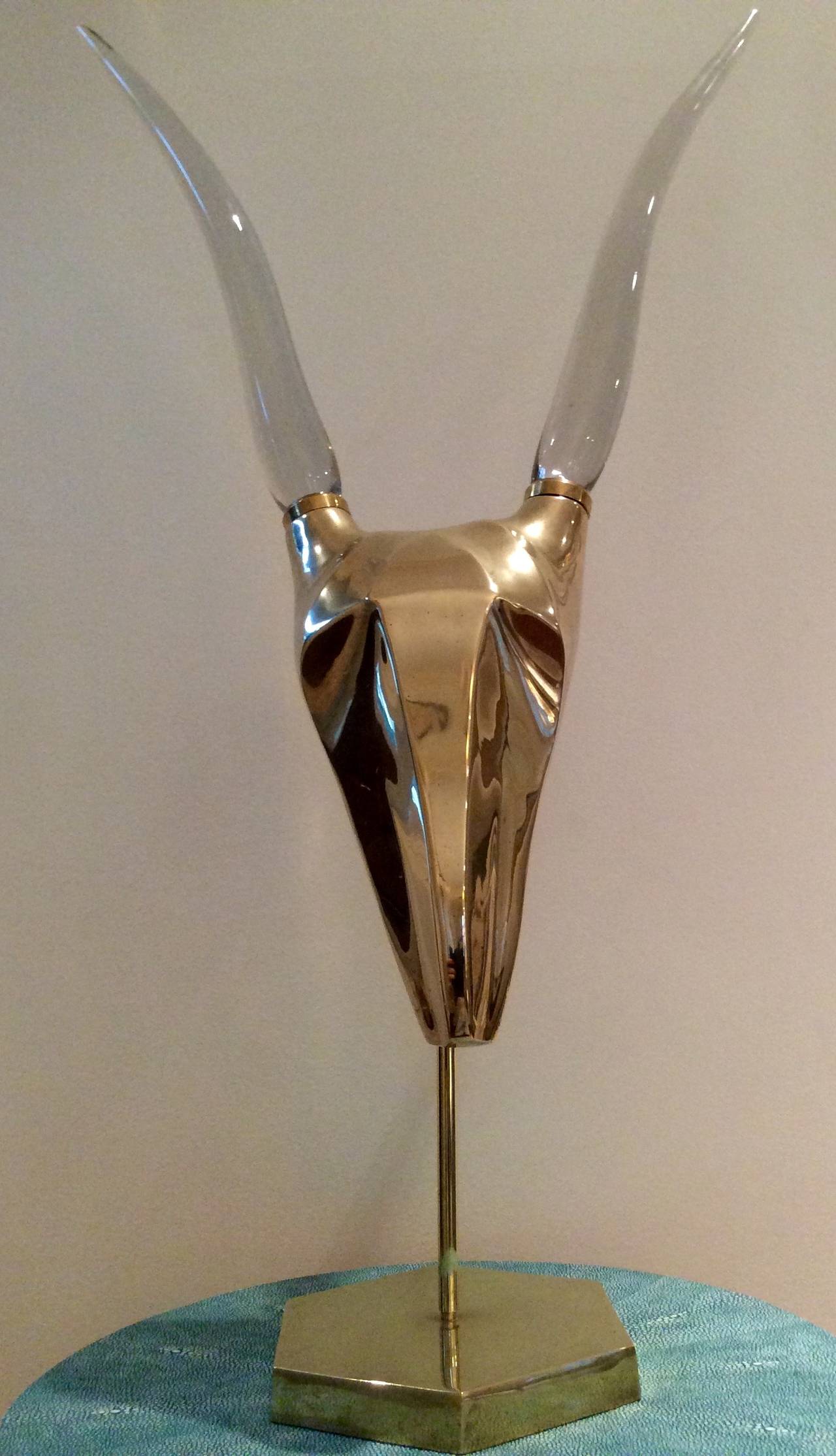Hollywood Regency Brass and Glass Antelope Head Sculpture, Manner of Karl Springer